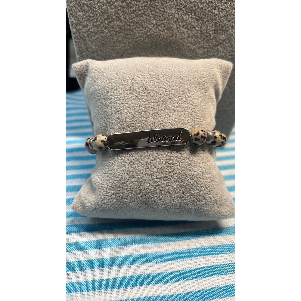 #36. Dalmatian Jasper Beaded Bar Bracelet – "Blessed